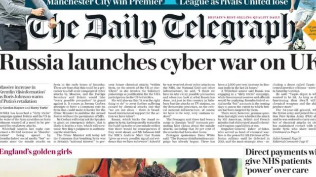 ডেইলি টেলিগ্রাফের ব্যানার - ব্রিটেনের বিরুদ্ধে সাইবার যুদ্ধ