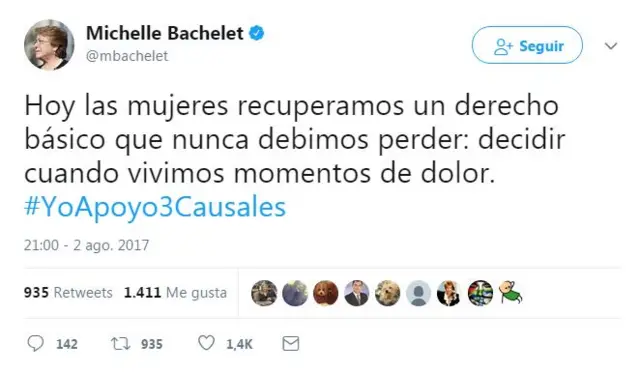 "Hoy las mujeres recuperamos un derecho básico que nunca debimos perder: decidir cuando vivimos momentos de dolor", escribió la mandataria en Twitter.