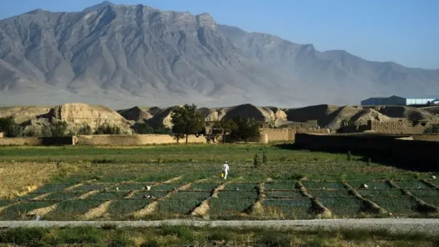 یک مرد در حال قدم زدن در مسیری خارج از پایگاه نظامی در بگرام در اول ژوئیه ۲۰۲۱