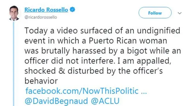 Tuit del gobernador de Puerto Rico, Ricardo Rossello.
