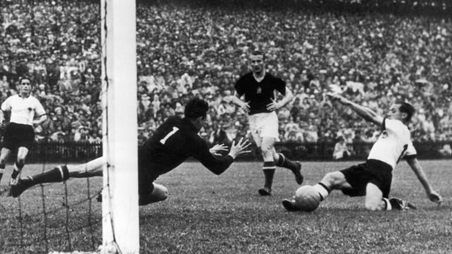 Action during the World Cup final between West Germany and Hungary on July 24, 1954 in Bern, Switzerland.