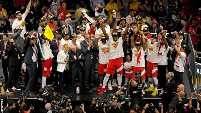 The Toronto Raptors celebrate their NBA finals success over the Golden State Warriors