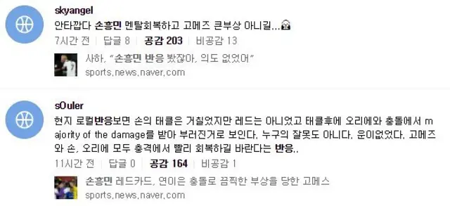 한국 내 팬들은 대부분 안타깝다는 의견이면서도 태클의 책임이 누구에게 있는지, 레드카드를 받아야 할 상황이었는지에 대해 반응했다