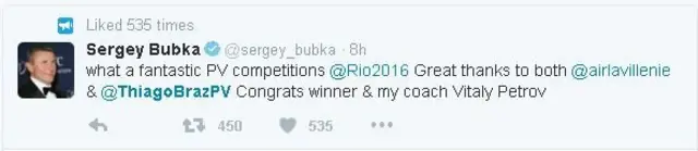 Sergey Bubka parabeniza Thiago via Twitter