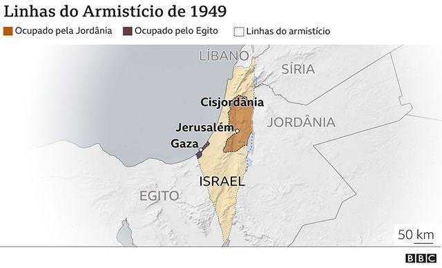 Mapa mostra linhas do armistíciow1n bet1949 na Palestina 
