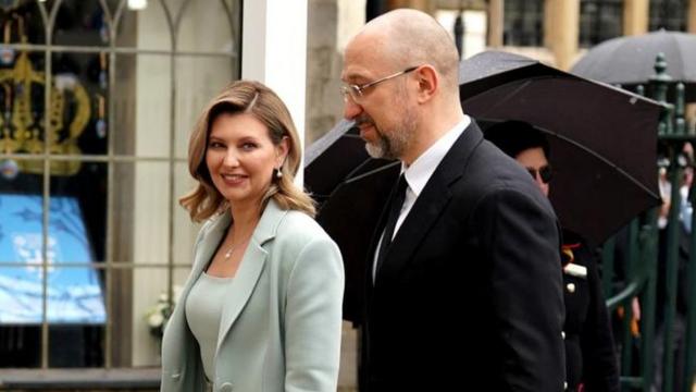 First Lady of Ukraine Olena Zelenska and the Prime Minister of Ukraine, Denys Shmyhal (right) arriving at Westminster Abbey, central London, ahead of the coronation ceremony of King Charles III and Queen Camilla. Picture date: Saturday May 6, 2023