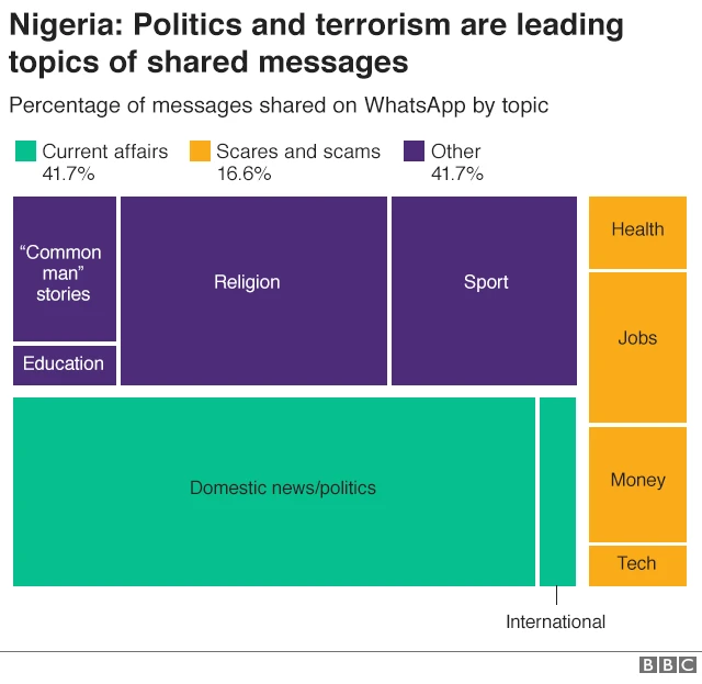 Graphic showing break of fake news stories by topic in Nigeria