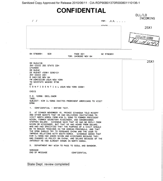 김일성 주석이 미국 측 인사들을 초청했다는 내용의 CIA 기밀 문서가 작성된 지 20여년 뒤 공개됐다