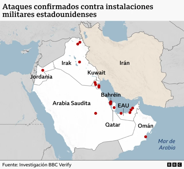 Mapa que muestra las distintas bases de EE.UU. en Medio Oriente que han sido atacadas por Irán