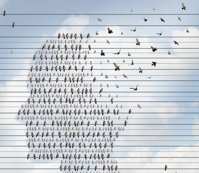 మనిషి తల ఆకారంలో తీగలపై వాలివున్న పక్షులు ఎగిరిపోతున్న ప్రతీకాత్మక చిత్రం