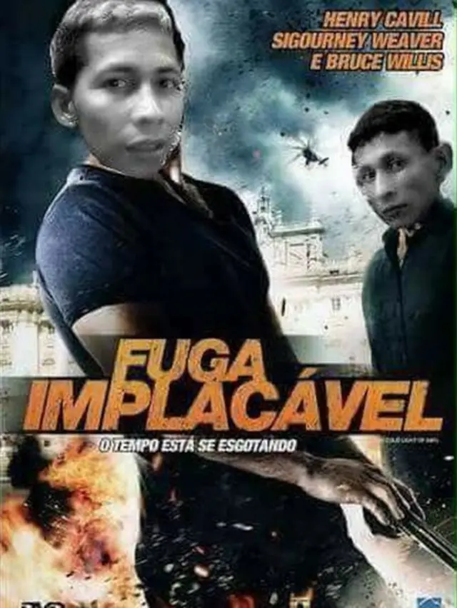 A film poster for Fuga Implacaval with the heads of the starts replaced by pictures of Brayan Bremer and a fellow fugitive.