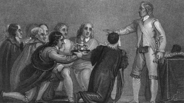 Оливер Кромвель отказывается от короны - старинная гравюра