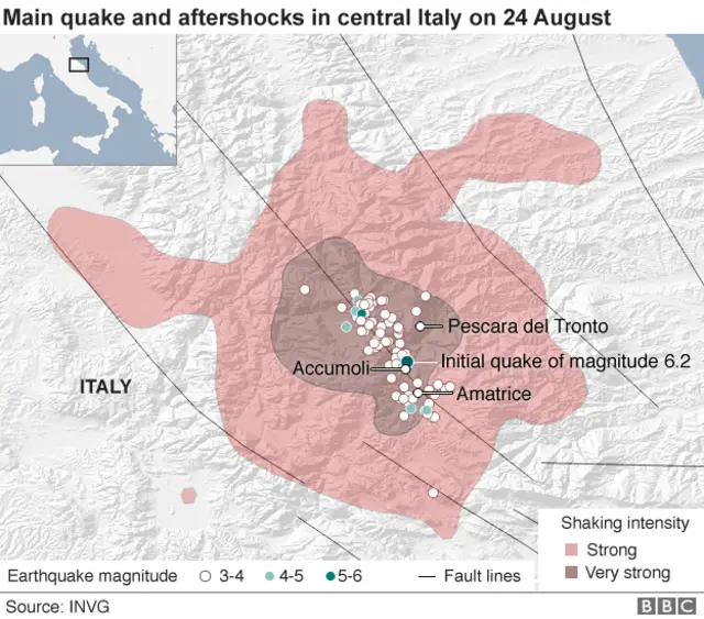 Map showing the earthquake and its aftershocks in central Italy - 24 August 2016