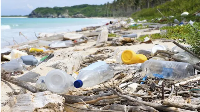 Imagem mostra praia poluida com garrafa e outros materiais888 apostas desportivasplástico