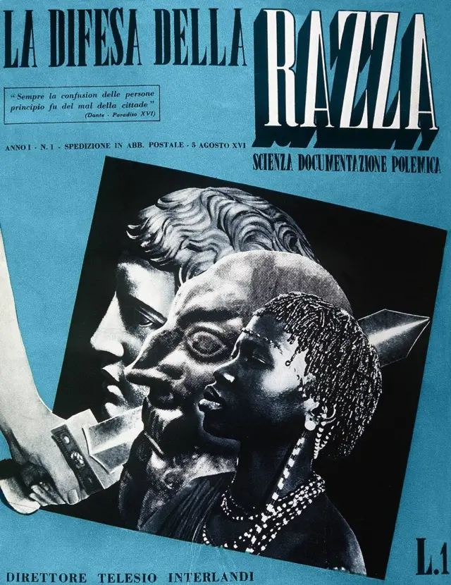 Afiche de "Defensa de la raza" con la imagen de un perfil griego separada por una espada de las esterotípidas de un judío y un africano.