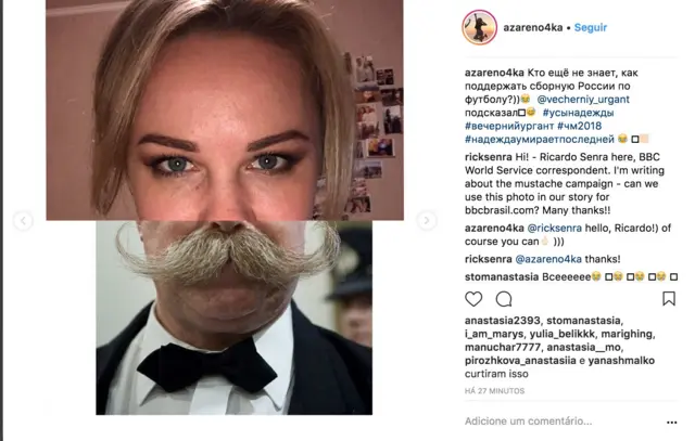 Imagem mostra montagemcomo jogar no f12 betmulher usando bigode no Instagram