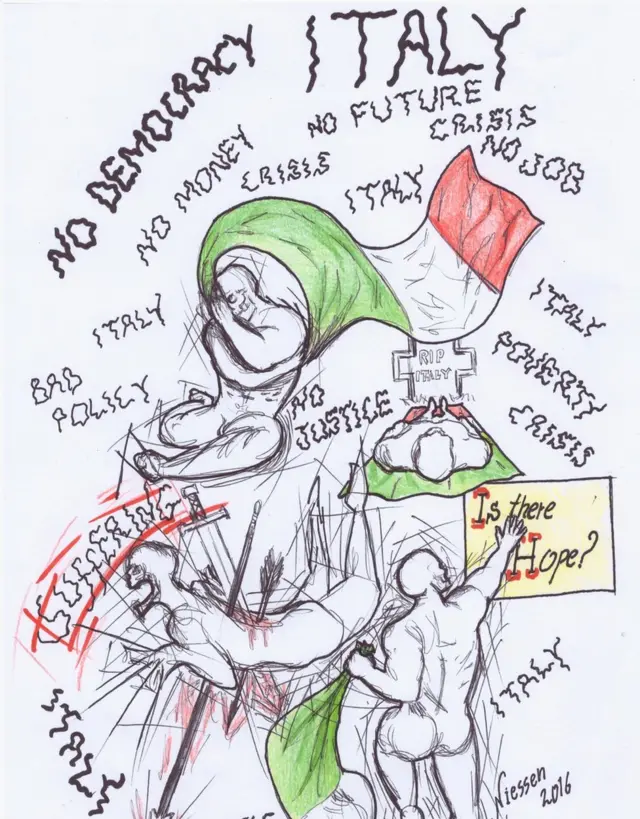 La imagen muestra a dos hombres asiendo la bandera italiana, una lápida que dice RIP Italia, y frases como "No democracia", "No dinero", "No futuro", "No empleo".