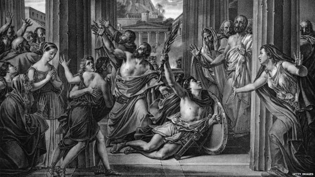 Ilustración de la llegada de Filípides a Atenas.