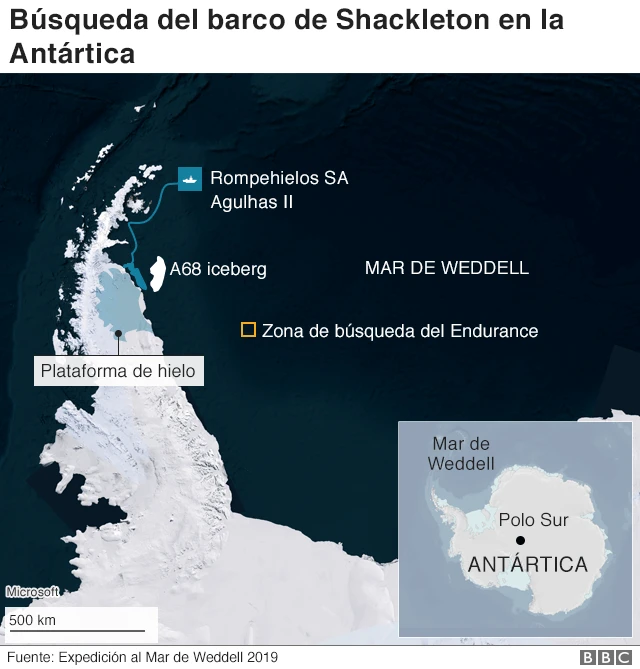 Gráfico que muestra el Mar de Wedell y la zona de búsqueda del Endurance