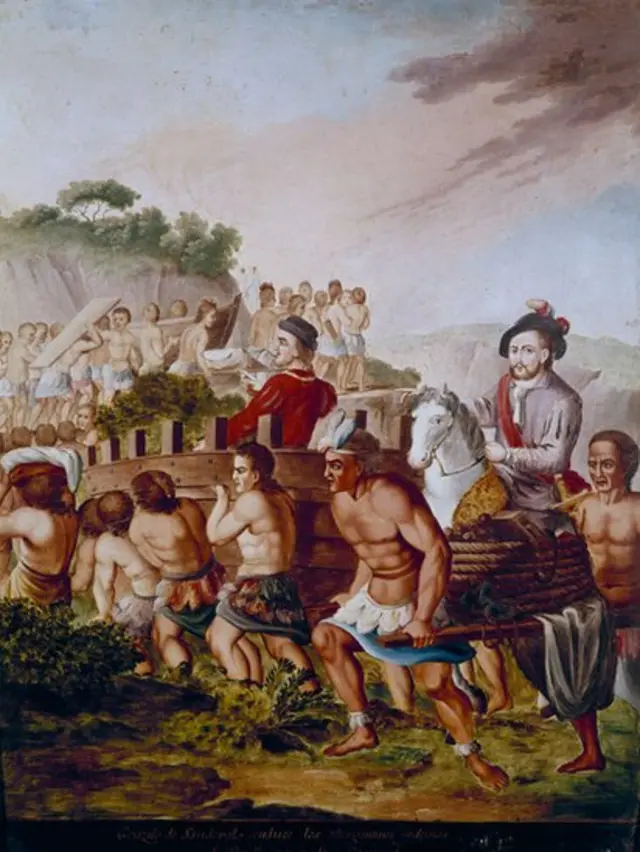 Gonzalo de Sandoval supervisando la construcción de los barcos para el segundo ataque a Tenochtitlan, México. Pintura de la serie Historia de la conquista de México, 1763-1800,