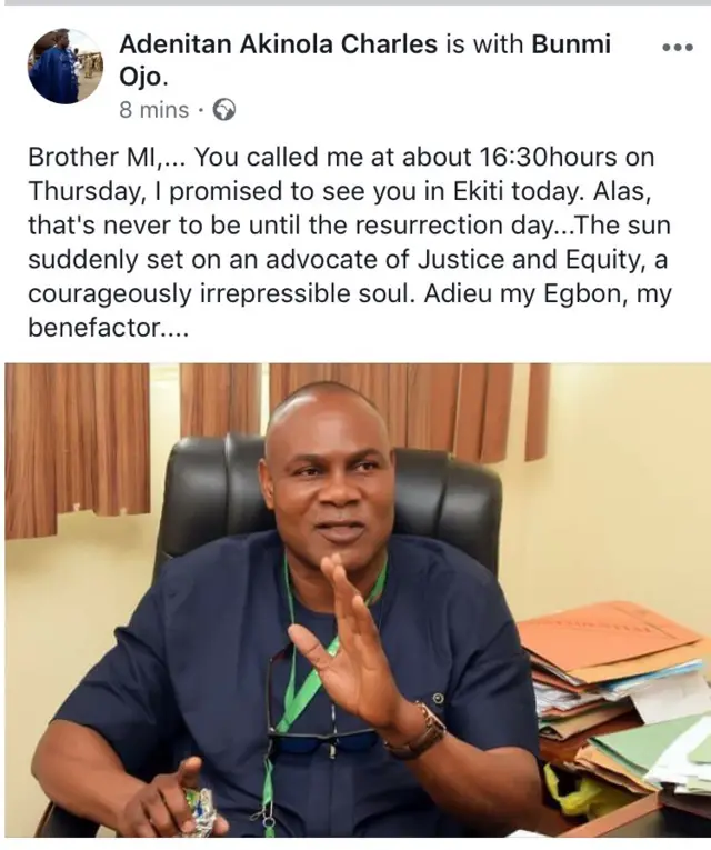 Aworan Ikini ikẹdun loju opo Facebook Bunmi Ojo