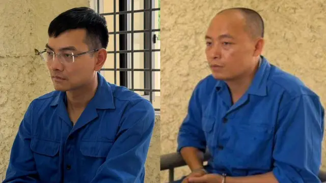 Ông Hồ Văn Khoa (trái) và Vua Quạt Trần Đình Tiệp tại cơ quan công an