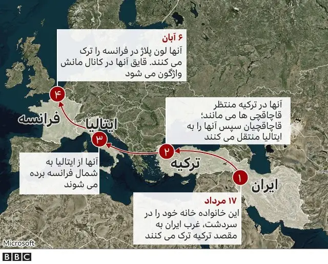 مسیر سفر خانواده پناهجوی ایرانی
