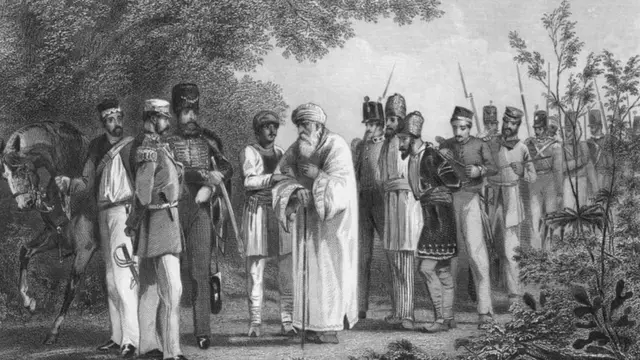 बहादूरशाह जफर विलियम हॉडसन यांच्यासमोर आत्मसमर्पण करताना..