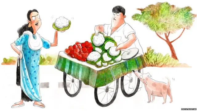 Woman in nightie haggling with a vegetable vendor