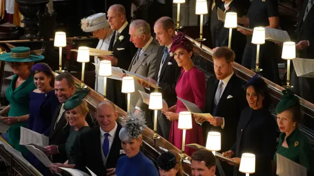 Queen Elizabeth II, Prince Philip, Duke of Edinburgh, Prince Charles, Prince of Wales, Prince William, Duke of Cambridge, Catherine, Duchess of Cambridge, Prince Harry, Duke of Sussex, Meghan,