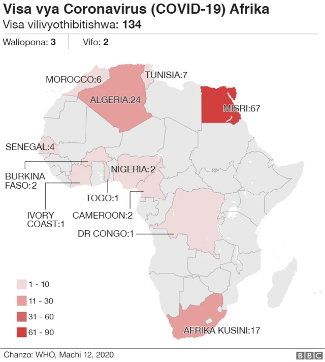 Ramani inayoonyesha nchi zilizoathiriwa na coronavirus