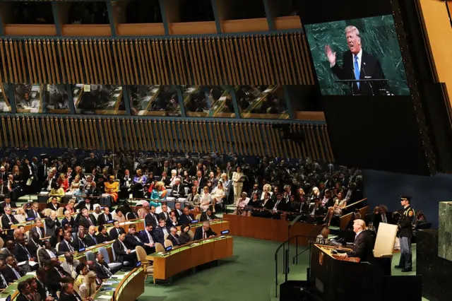 Donald Trump speaks to world leaders at the UN General Assembly at UN headquarters in New York, 19 September