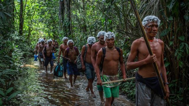 Guerreiros Yanomami cruzam riacho durante um encontroblaze apostas como jogarlideranças na comunidade watoriki, na Terra Indígena Yanomami,blaze apostas como jogarnovembroblaze apostas como jogar2019