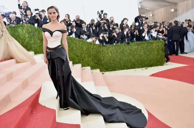 演员艾玛·沃特森（Emma Watson）在纽约大都会艺术博物馆时装馆慈善舞会(The Metropolitan Museum of Art Costume Institute Gala，简称Met Gala)上穿着的这条卡尔文·克莱恩（Calvin Klein）品牌的裙子是由回收的塑料瓶制成的。