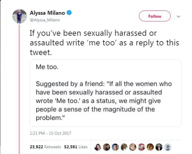 تغريدة لأليسا ميلانو ف يتويتر