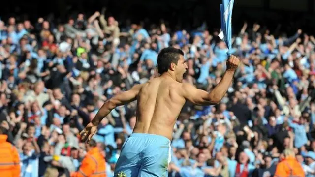 Manchester City's Sergio Aguero celebrates scoring the title-winning goal against QPR