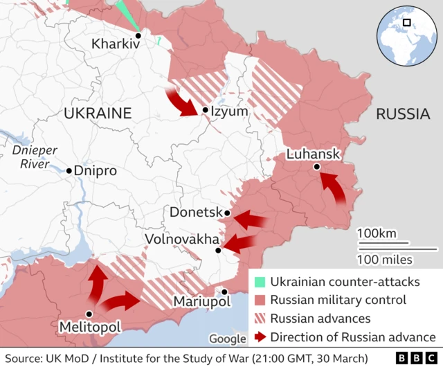 Bản đồ cuộc tiến công của quân đội Nga vào Ukraine từ phía đông