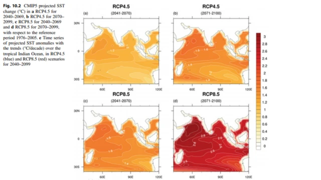 ભારતનું દરિયાઈ તાપમાન આગામી સયમાં કેટલું વધ શકે, તેની માહિતી દર્શાવતી આકૃતિ