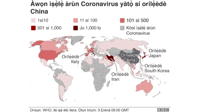 Aworan maapu nipa awọn orilẹede ti Coronavirus ti de