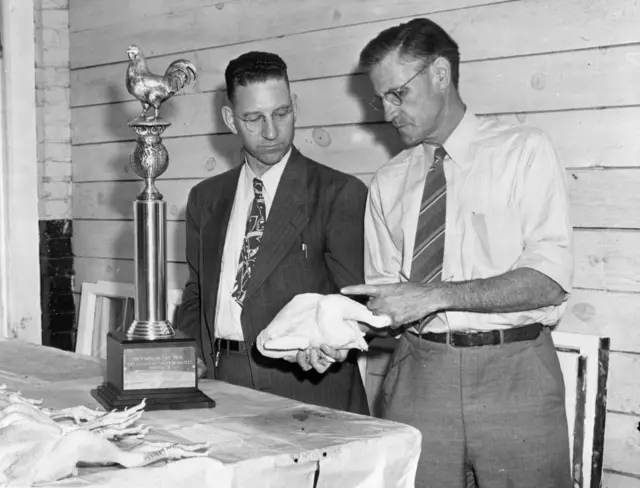 Dos personas evalúan un pollo durante la competecia del Chicken of Tomorrow Contest