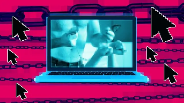 Ilustração mostra computador com correntes, imagens pornô pixeladas sobre um fundo rosa