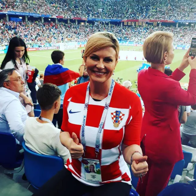 Presido Kolinda Grabar-Kitarovic na di first woman presido for Croatia wey go play dia first World Cup final on Sunday