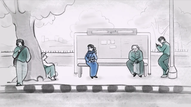 Cartoon illustration showcasing a bus stop with four men and just one woman