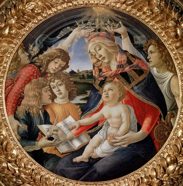 Lorenzo Medici sosteniendo el tintero mientras su hermano Giuliano sostiene el libro, para la Virgen María, coronada por dos ángeles, y el Niño Jesús con una granada en la mano, símbolo de la resurrección, en "Virgen del Magnificant" de Sandro Botticelli.