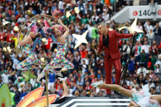 Robbie Williams performing on stage at the 2018 World Cup in Russia opening ceremony
