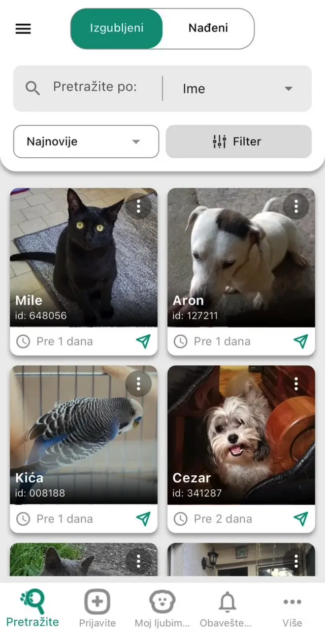 Skrinšot aplikacije sa slikama životinja