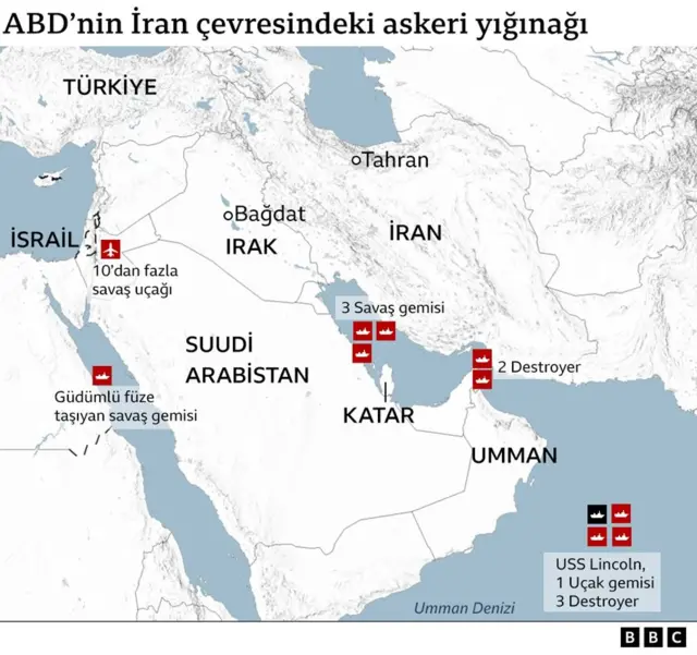 ABD'nin İran çevresindeki askeri yığınaklarını gösteren harita.