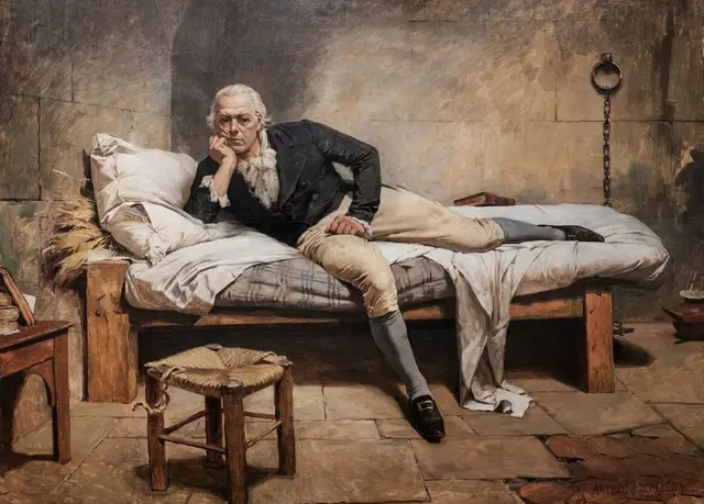 "Miranda en La Carranca", la prisión en Cádiz donde murió, en esta obra de Arturo Michelena de 1896 que está en la Galería de Arte Nacional de Venezuela en Caracas.