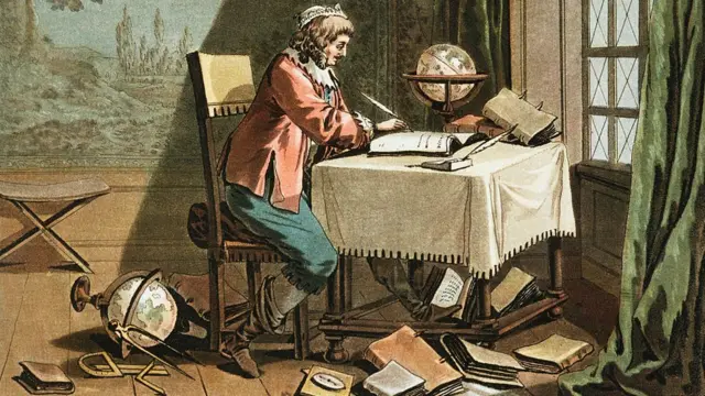 Grabado de René Descartes escribiendo su sistema mundial por Desfontaines