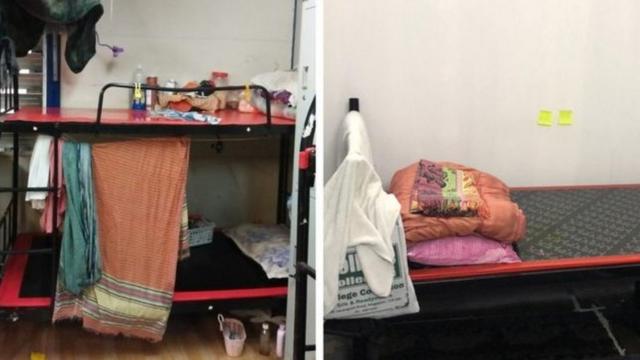 一名客工说他们宿舍的床从上下铺（左）换成了单人床（右），情况有所改善。